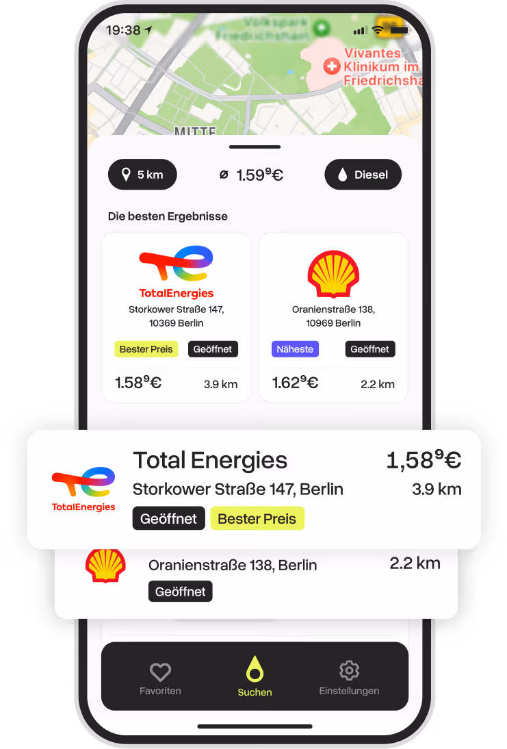 BesserTanken App Screenshot - Tankstellenliste mit aktuellen Benzin- und Dieselpreisen, Standorten und Öffnungszeiten