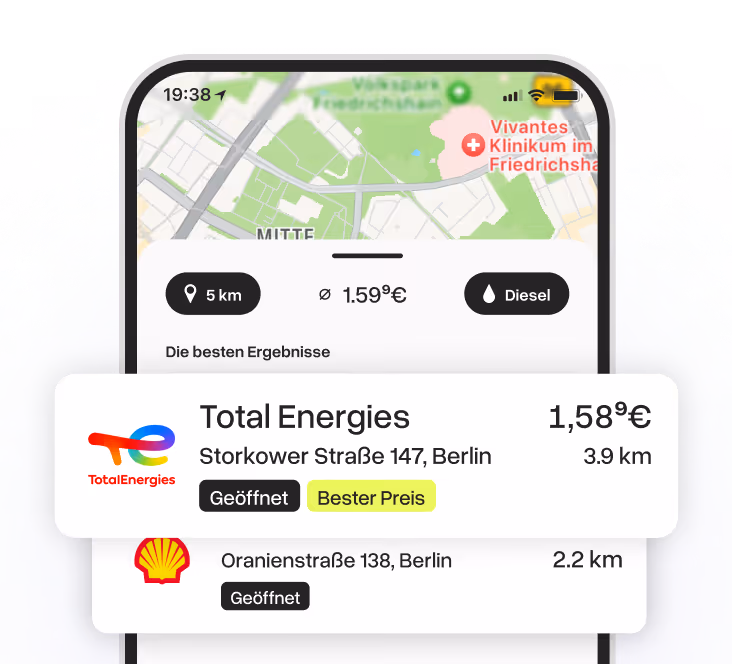 BesserTanken App Mobile Screenshot - Smartphone Ansicht der Tankstellen-App mit Preisvergleich und Navigation